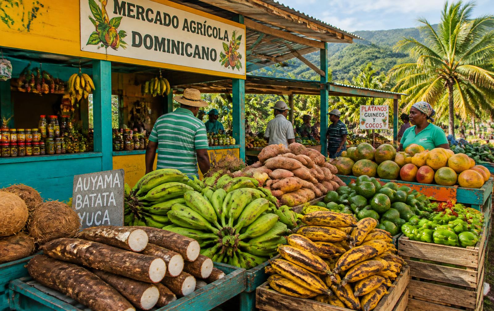 Cajones de víveres dominicanos: plátanos, yuca, batata y aguacates listos para la venta